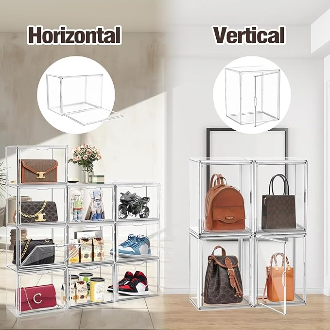 5 Pcs Super Large Acrylic Display Case Purse Handbag Storage Organizer for Closet Clear Stackable Bag Storage Boxes for Books, Boots, Collectibles, Cosmetic