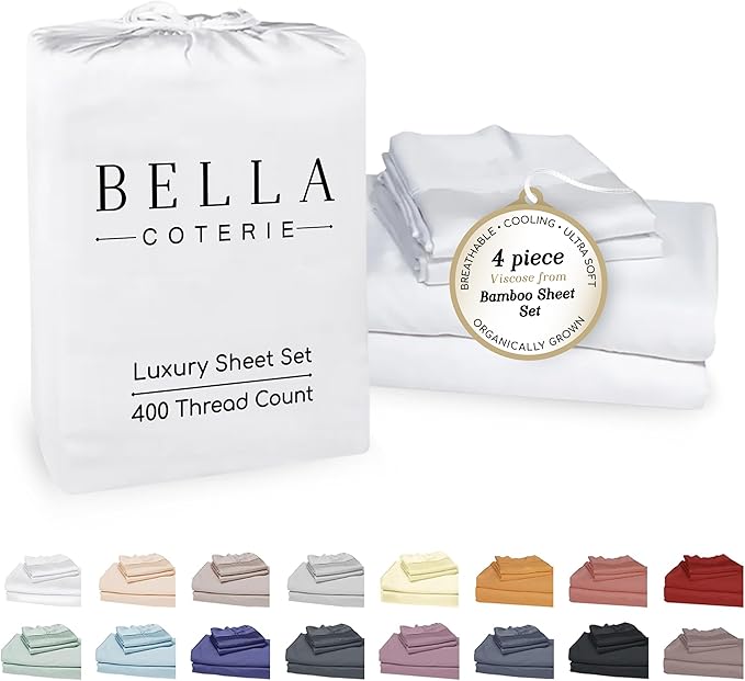 Bella Coterie Luxury Bamboo Viscose King Size Sheet Set | 100% Organically Grown | Ultra Soft | Cooling for Hot Sleepers | 18" Deep Pocket [White]