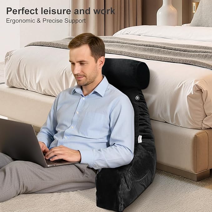 mittaGonG Reading Pillow for Sitting in Bed Adult with Detachable Neck Roll & Big Backrest Pillow for Bed Sitting up with Arms Side Pocket Shredded Foam Large Back Chair Pillow with Washable Cover