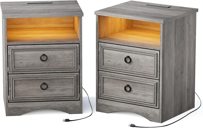 Large Nightstand Set of 2 with Drawers,17.7"W Accent Night Stand with Charger Station LED Lights, Bed Side Table with 2 Drawers, End Table with Easy Open Storage for Bedroom, Living Room,Gray