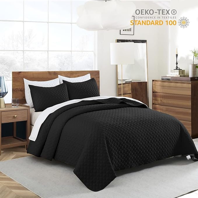 HORIMOTE HOME Quilt Set King Size, Black Bedspread with Clouds Pattern, Soft Coverlet Set Lightweight Microfiber Quilted Bedspread for All Season, Includes 1 Quilt and 2 Pillow Shams