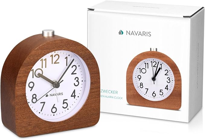 Navaris Wood Analog Alarm Clock - Half-Round Battery-Operated Non-Ticking Clock with Snooze Button and Light - Dark Brown