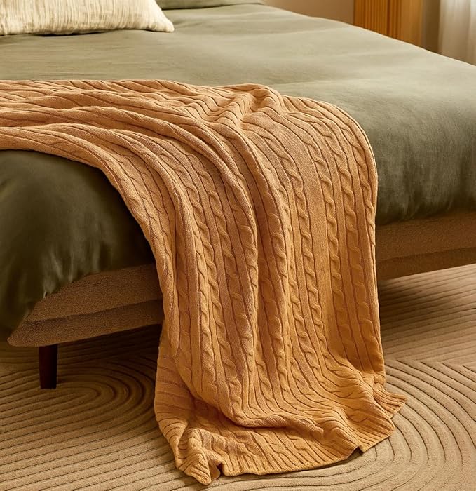 100% Cotton Cable-Knit Throw Blanket: 60" x 70", Ultra Soft, Breathable, All-Season Comfort & Versatility, Ideal for Couch, Bed, Travel and Gifting (Camel)