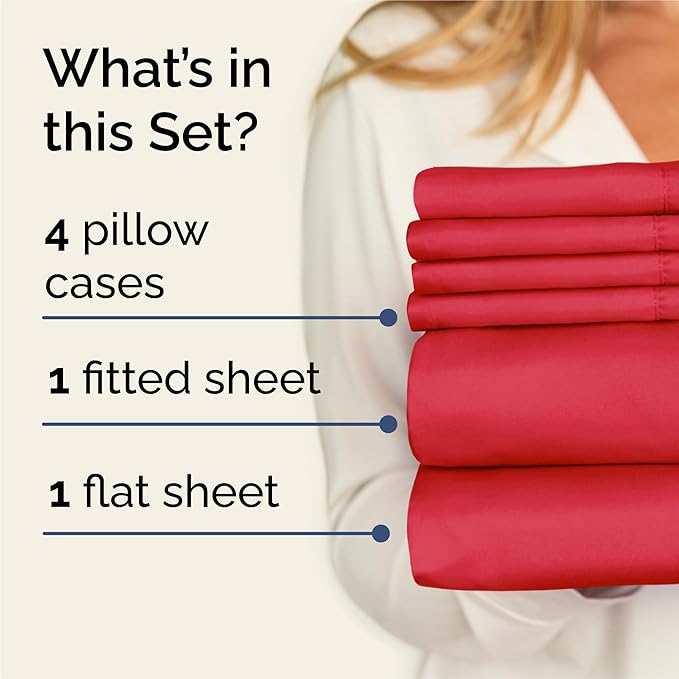 King 6 Piece Sheet Set - Cooling, Comfy & Breathable - Hotel Luxury Bedding - Includes Fitted Sheet for Women, Men, Kids and Teens - 1 Flat, 1 Fitted Sheet, 4 Pillowcases with Deep Pockets - Red