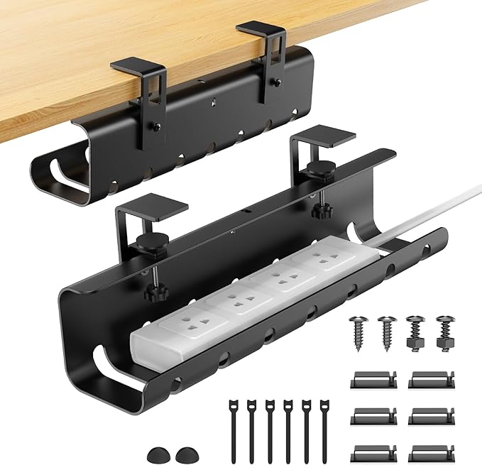 Under Desk Cable Management Tray No-Drill 2 Pack 16.9‘’ Wire Cord Organizers, Cable Management Under Desk for Home and Office No Damage Black
