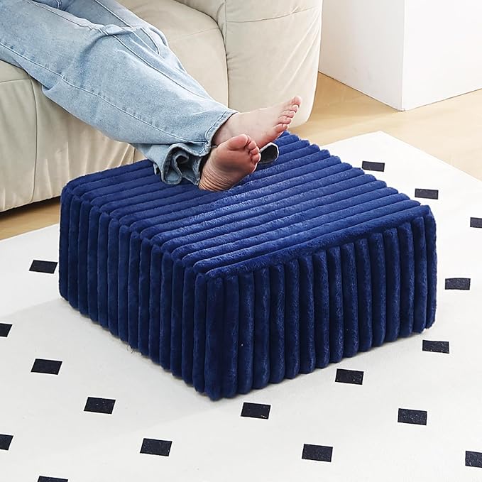 Tiita Suqre Stuffed Pouf Ottoman, Stripe Poufs 21×21×10 inch with Foam Chunk Filling, Floor Bean Bag Floor Chair Storage for Living Room Bedroom Home Decor, Navy Blue