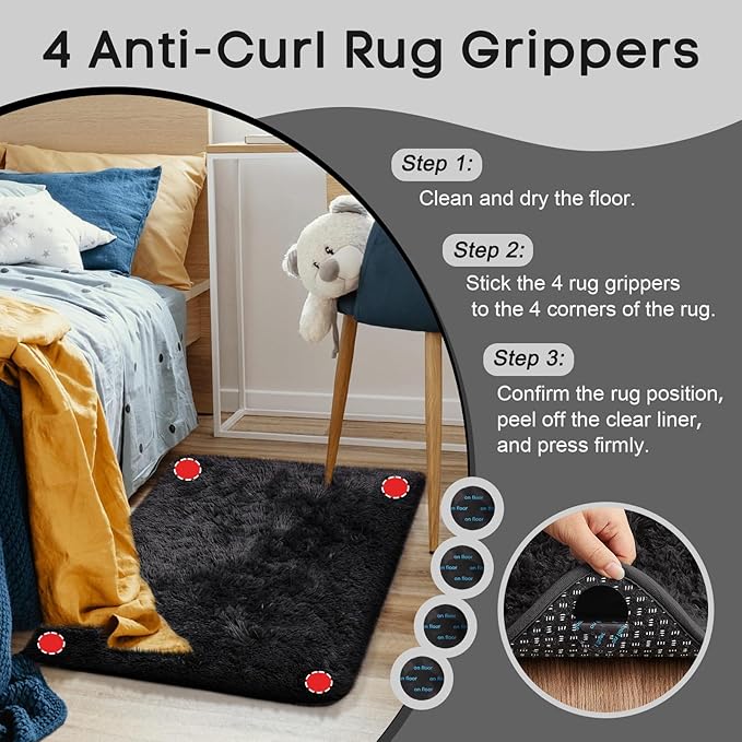 Ophanie Small Black Entryway Throw Rugs for Bedroom, 2x3 Mini Area Rug, Affordable Non Slip Fluffy Carpet, Fuzzy Soft Living Room Rugs, Home Decor Aesthetic, Nursery