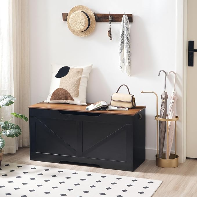 HOOBRO Storage Bench, 39.4" Retro Wooden Storage Chest with U-Shaped Cut-Out Pull, Safety Hinge, Supports 220 lb and Easy Assembly for Toy Box Organizer (Black and Walnut) BH771CW01