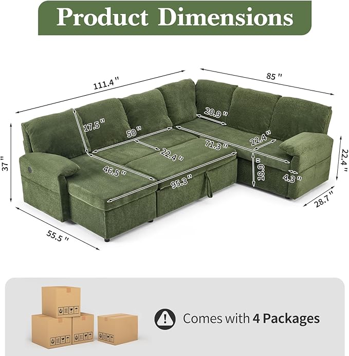 VINGLI Convertible Sofa Bed Couches for Living Room, Sleeper Sofa with Pull Out Couch Bed, Cloud-Like Plush Fleece U-Shape Sectional Couch with Storage Chaise, USB Charging, Side Pockets