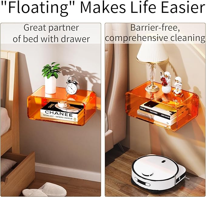 Acrylic Floating Nightstand, Bedside Table, Nightstand Shelf Wall Mounted Bedside Shelf (Orange, Small)