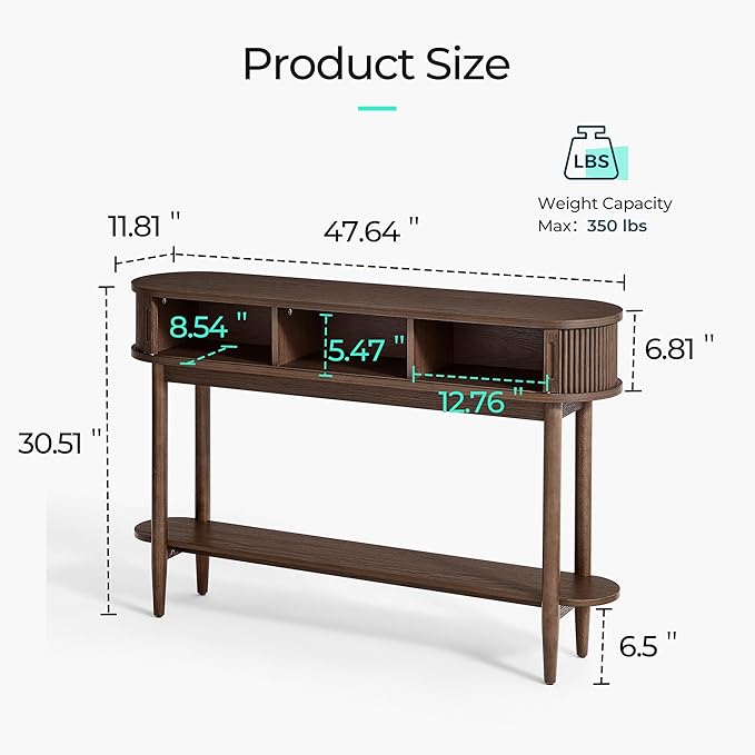 LINSY HOME Fluted Console Table, Mid-Century Modern Entryway Cabinet with Sliding Tambour Doors, Narrow Long Sofa Table, Behind-The-Couch Table for Living Room, Hallway (Brown Oak)