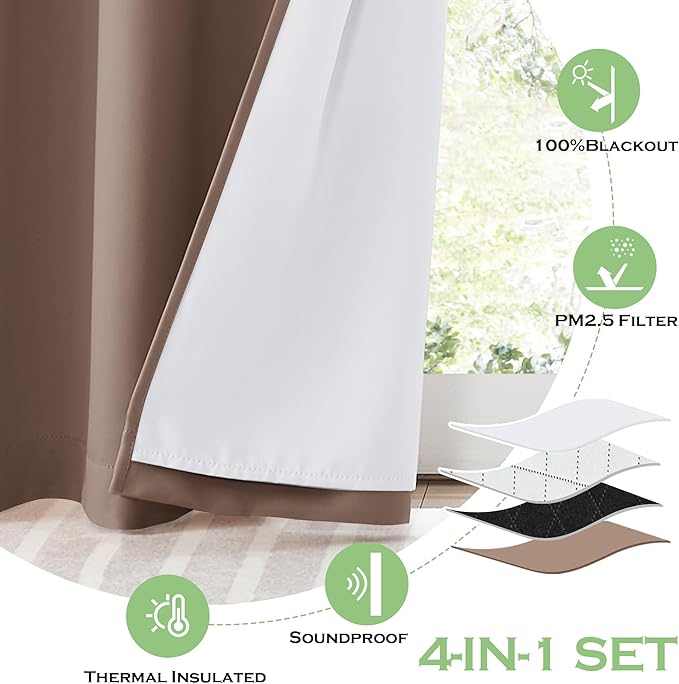 KGORGE Anti Dust Soundproof 100% Blackout Curtains 4 Layers Heavy Duty Energy Efficiency Window Curtains for Living Room Baby Bedroom Home Office Studio, Wide 52 x Long 95 inches, Mocha, 2 Panels