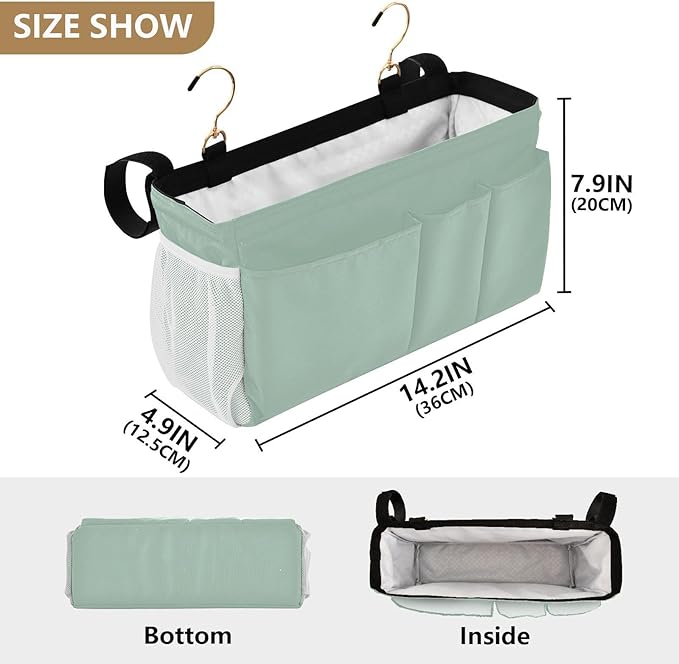 KOPIRIT Cyan Gray Bedside Caddy Storage Bag Bedside Organizer for College Dorm Top Bunk Bed Bedside Shelf Hanging Organizer 6 Pockets with Hooks for Magazine Water Bottle Holder