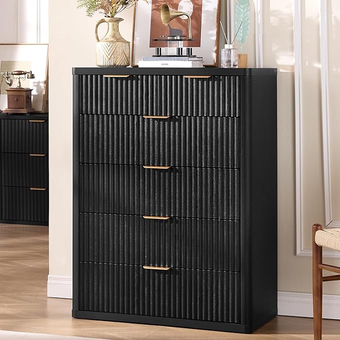 LEYAOYAO Fluted 6 Drawers Dresser for Bedroom Set of 2, 42" Tall Modern Chest of Drawers with Metal Handle, Curved Profile Design,Black Wood Drawer Organizer for Bedroom, Living Room, Hallway