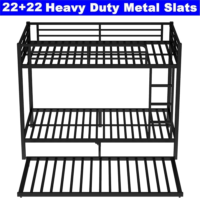 Upgraded Version Thicken Stronger Metal Heavy-Duty Twin XL Bunk Bed with Twin Size Trundle, Bunk Bed for Adults with Ladders, Easy Assemble (Twin XL Over Twin XL)