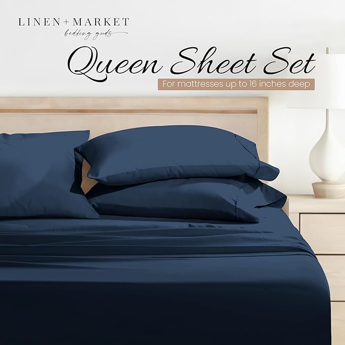 Linen Market Brushed Microfiber Queen Sheet Set 4 Piece – Oeko-TEX Certified Ultra Soft & Wrinkle-Free - 16" Deep Pocket Sheets - Easy Care Queen Size - Navy