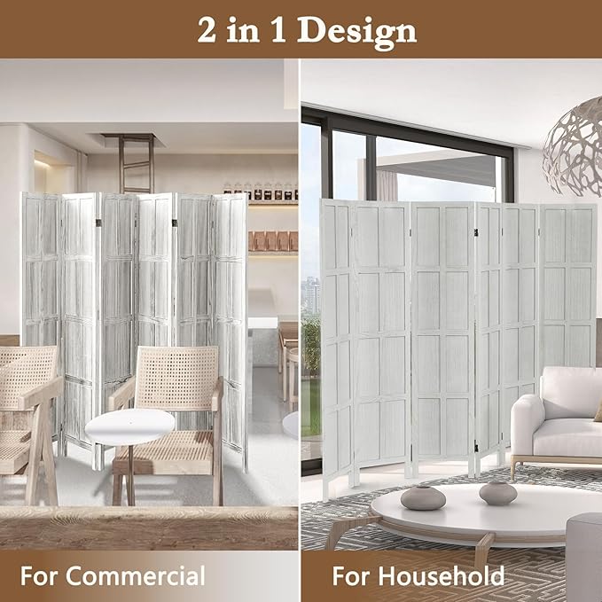 6 Panel Room Divider, 5.6Ft Wood Room Dividers and Folding Privacy Screens, Room Divider Wall Freestanding Room Partitions, Room Dividers Screen for Home Office Bedroom, White