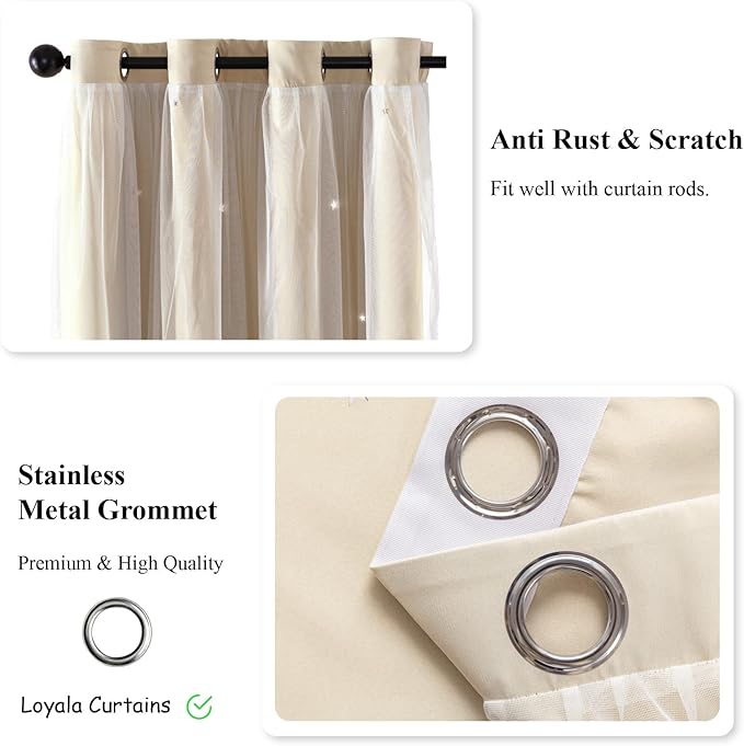 Star Double Layer Blackout Curtains for Bedroom, Kids - Cute, 84 Inches Long, 2 Panels Set, Beige, 42 X 84 Inches