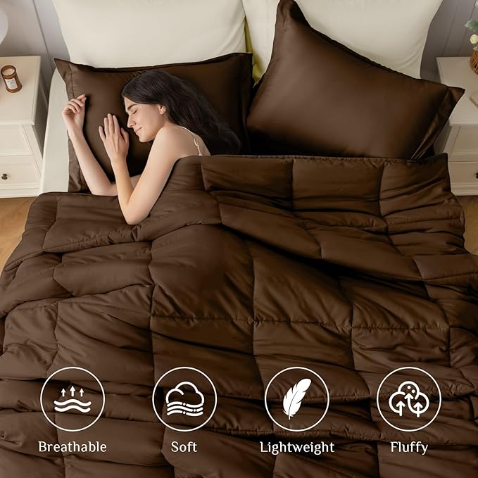 JOLLYVOGUE Full Comforter Set, Ultra-Soft Bed in a Bag Full Size 7 Pieces, Oeko-TEX Certified Bedding Set with Down Alternative Comforter, Sheets, Pillowcases & Shams, Brown & Beige