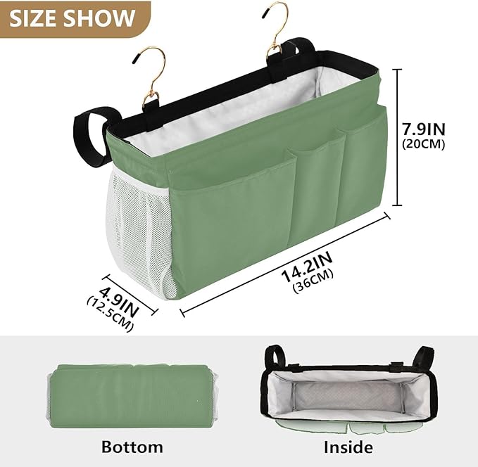 KOPIRIT Blue Gray Bedside Caddy Storage Bag Bedside Organizer for College Dorm Top Bunk Bed Hanging Bag Bedside Shelf 6 Pockets with Hooks for Drinks Magazine Phone Holder