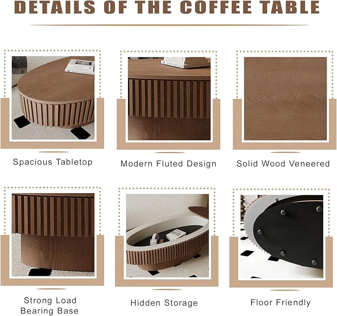 Oval Coffee Table with Storage, Modern Walnut Coffee Table with Solid Wood Veneered, Fluted Center Table Wood Drum Tea Table for Living Room Apartment, 47.2''L×23.6''W×14.2''H