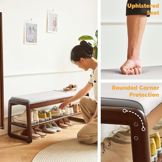 Solid Wood Shoe Bench, 2-Tier Wooden Storage Entryway Bench, Mid-Century Modern Shoe Bench Rack, End of Bed Bench with Faux Leather Cushion, Ottoman Bench for Hallway, Living Room (Cream Grey 39.7'')