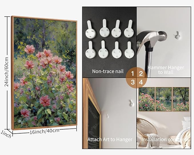Yeehomedec Monet Anthropologie Framed Canvas Wall Art Set, Impressionist Floral Garden Wall Decor, Vintage Flowers Pond Trees Artwork, Nature Landscape Art Paintings for Living Room Bedroom Bathroom 16"x24"x3
