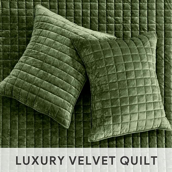 RECYCO Luxury Velvet Quilt Set Full Queen Size Bedding Sets, Ultra Soft Velvet Comforter Set, Lightweight Channel Box Stitch Oversized Bedspread Coverlet for All Season, with 2 Shams, Loden Green