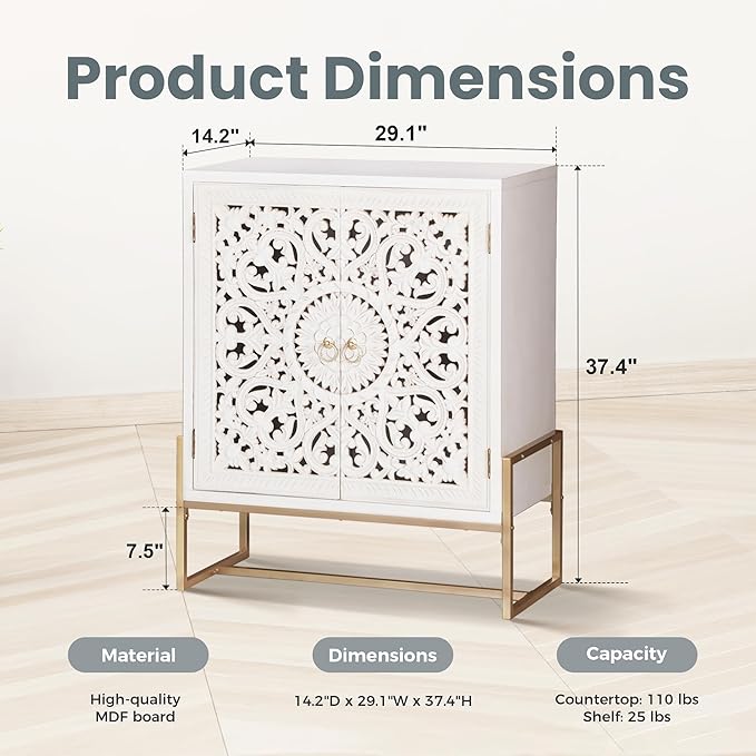 PHI VILLA White Accent Cabinet with Doors, Hollow Carved Small Buffet Sideboard, 2 Door Storage Cabinets