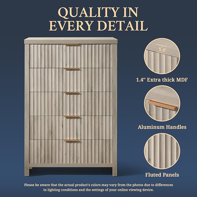 5 Drawers Dresser for Bedroom, 44 Inches Tall Modern Bedroom Dressers, Chest of Drawers for Bedroom, Fluted Dresser for Closet Organizer for Living Room, Hallway, Entryway (Grey Oak, 2 Pieces)