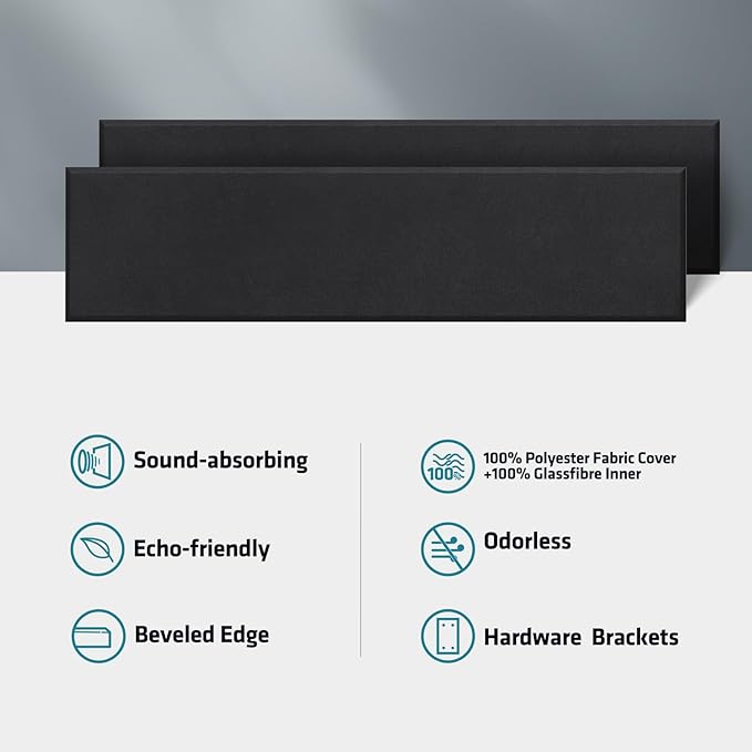 UMIACOUSTICS 2 PCS Fiberglass Acoustic Panels, 48x12x2 Inches Sound Absorbing Panels,Sound Proof Panels for Studios, Office, Home Theater. (Black)