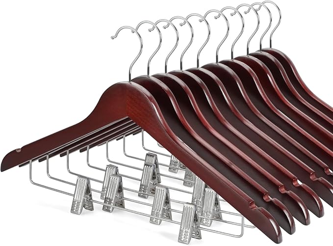 TOPIA HANGER Wooden Suit Hangers with Adjustable Metal Clips (10 Pack), Solid Wood Clothes Hangers, 360° Swivel Hook, Premium Pants Hangers for Clothes Coat, Jeans, Blouse- Cherry CT28M