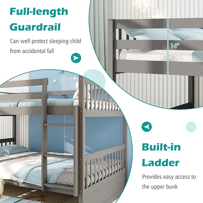 Giantex Full Over Full Bunk Bed with Trundle, Solid Wood Trundle Bed Frame w/Guardrails and Ladder, Convertible to 2 Beds, Full Size Bunk Beds for Adults Kids Teens, No Box Spring Needed, Grey