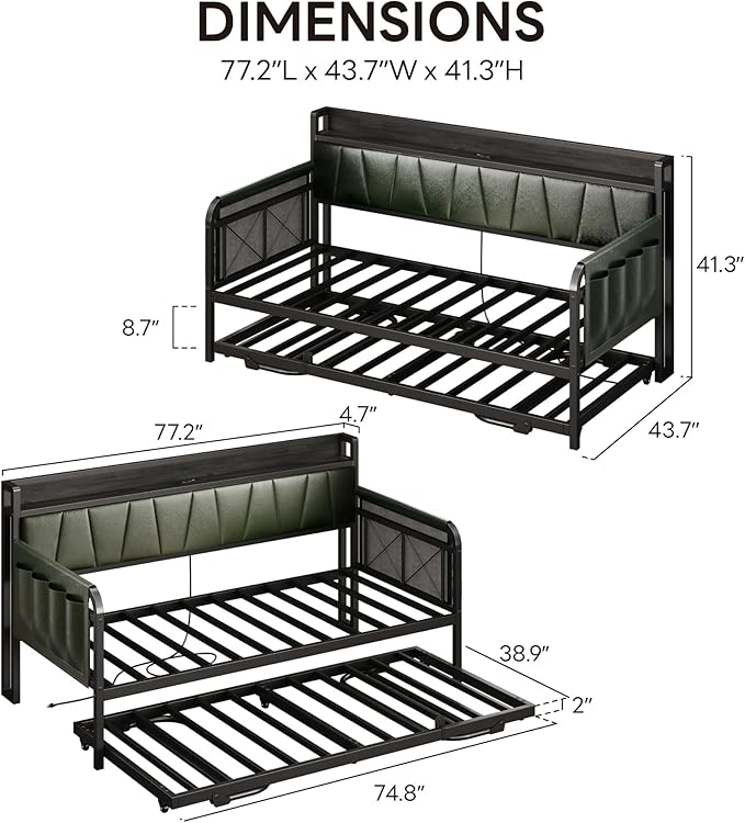 LIKIMIO Daybed with Trundle Bed, Twin Bed Frame with Storage Headboard and Charging Station, Sofa Day Bed with Strong Supports for Living Room, Bedroom, and Guest Room, Dark Green