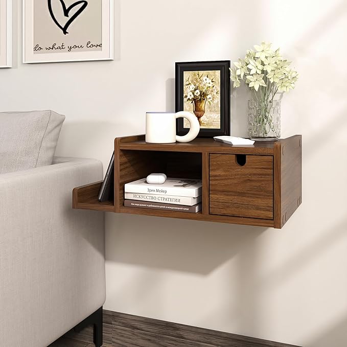 Floating Nightstand Wall Mounted, Walnut Bedside Table with Drawer, Open Cubby & Reversible Side Shelf, Space-Saving Floating End Table for Bedroom/Living Room (Walnut)