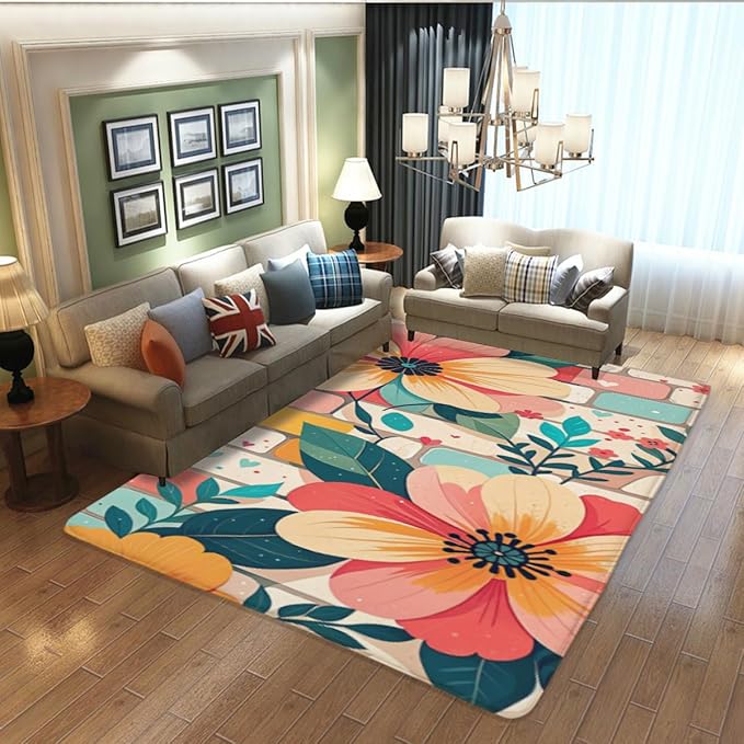 Machine Washable 2' x 3' Bohemian-Style Area Rug, Pink Floor mat, Suitable for bedrooms, Girls' Room Bedside, Living Room, Dining Room, Office, Non-Slip Low-Pile Printed Modern Floral Carpet