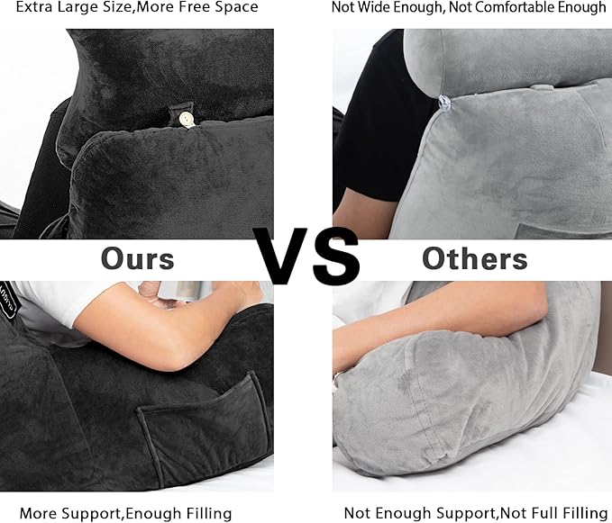 SLIGUY Reading Pillow-Bed Rest Pillow with Detachable Neck Roll & Higher Support Arm for Sitting in Bed Couch or Floor-Backrest Reading Pillow Adult Back Pillow for Reading/Watching TV/Gaming,Black