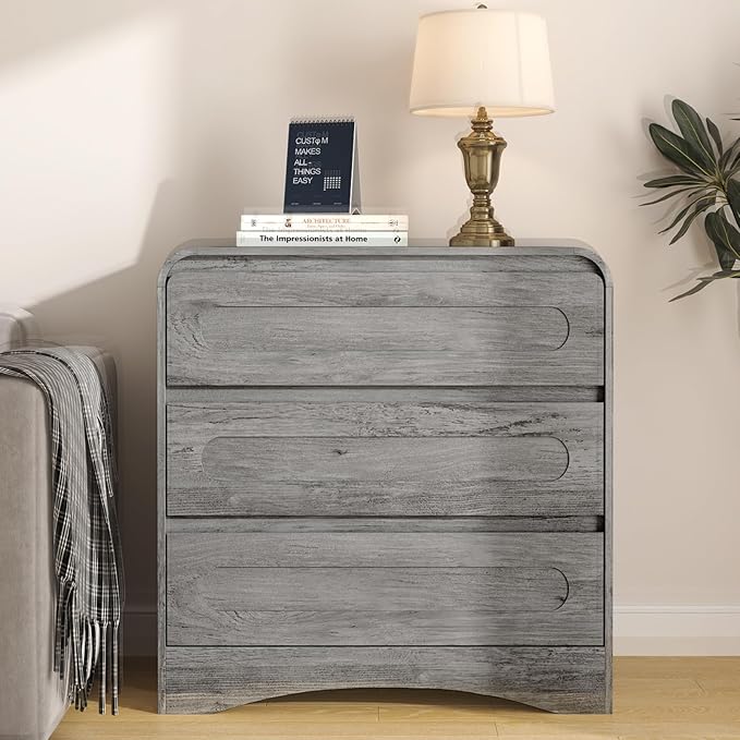 3 Drawer Dressers for Bedroom, 32" Wide Wood Storage Dresser & Chest of Drawers Organizer, Large Modern Dressers with 3 Drawer Storage Organizer for Bedroom Living Room Hallway Closet, Grey