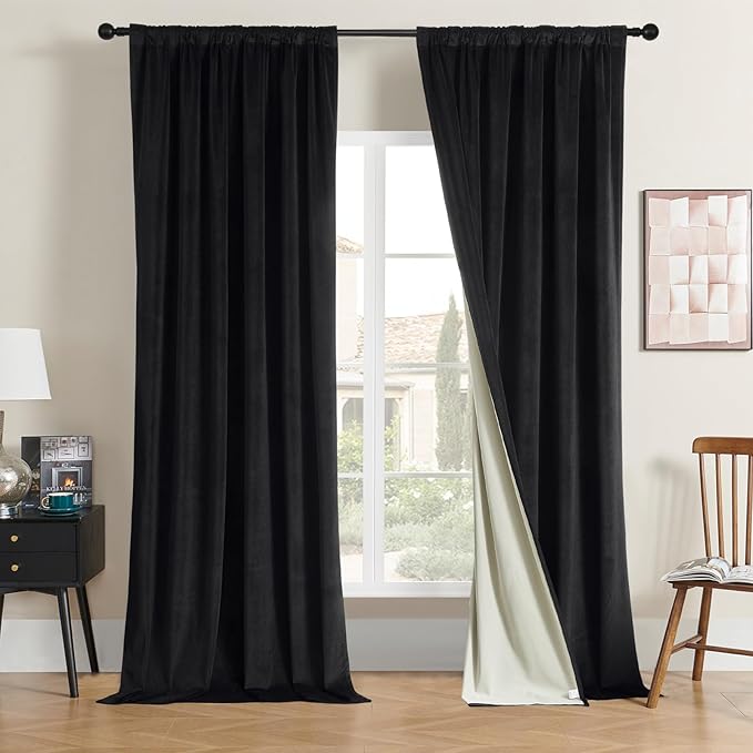 Joydeco 100% Blackout Velvet Curtains for Bedroom 84 Inches Long 2 Panels, Back Tab/Rod Pocket Living Room Drapes, Thermal Insulated Soundproof Heavy Duty Curtains for Windows,52W x 84L,Black