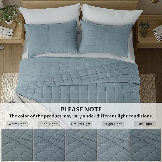 KASENTEX Twin Quilt Set 68"x86" – Soft Washed 3-Layer Lightweight Bedspread, Minimalist Nordic Design, All-Season Spring & Summer Quilt Set (1 Quilt + 2 Pillow Shams), Corduroy Blue