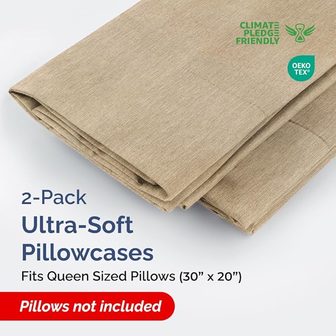 Queen Pillow Cases Set of 2 - Ultra Soft Hotel Quality Pillowcase Covers - Comfy, Cozy & Wrinkle Free - Shrinkage and Fade Resistant - Machine Washable Pillow Protectors - 2 Piece Set - Heathered Tan