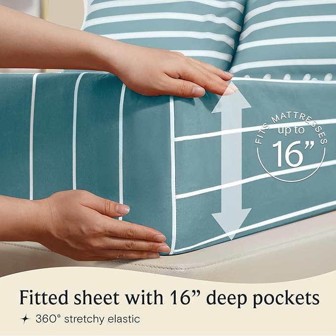 LuxClub 4 PC King Sheet Set, Deep Pockets Wrinkle Free Cooling Bed Sheets Hotel Bedding for Women, Men, Includes 1 Fitted Sheet, 1 Flat Sheet and 2 Pillowcases-Striped - Light Blue