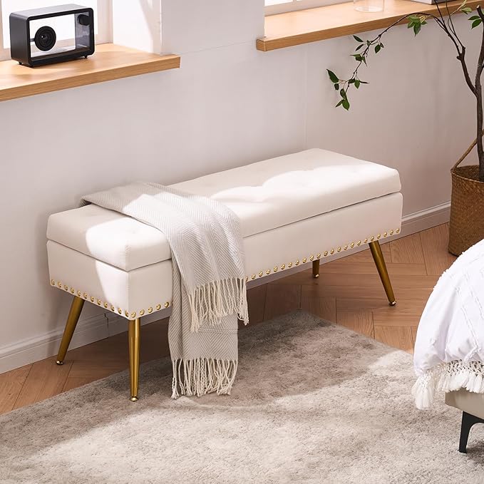 Velvet Storage Bench with Gold Legs& Nailhead Trim, 40" Wide Upholstered Modern Bedroom Bench for End of Bed, Tufted Ottoman for Entryway Living Room Dining Room (Ivory White, 40" W)
