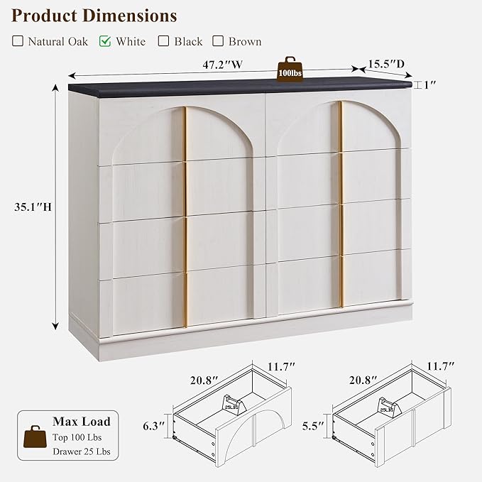 ACCOHOHO Large Dresser for Bedroom with 8 Drawers with Arched Panel,Modern Minimalist Chest of Drawers with Gold Handles,Wood Storage Closet Dressers Tv Stand for Living Room, Hallway,White