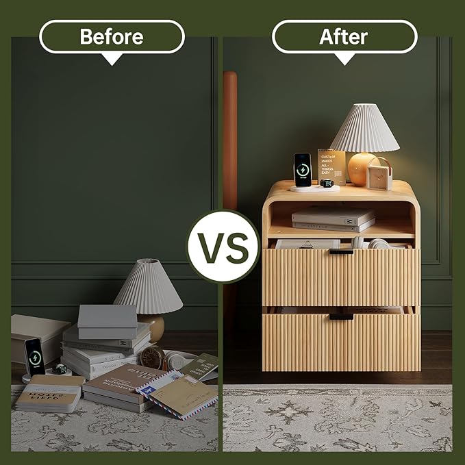 FURSUN 24" Fluted Nightstand Set of 2 with Charging Station, Wooden End Table with 2 Drawers Storage, Curved Profile Design, Modern Bedside Cabinet for Bedroom, Natural Oak