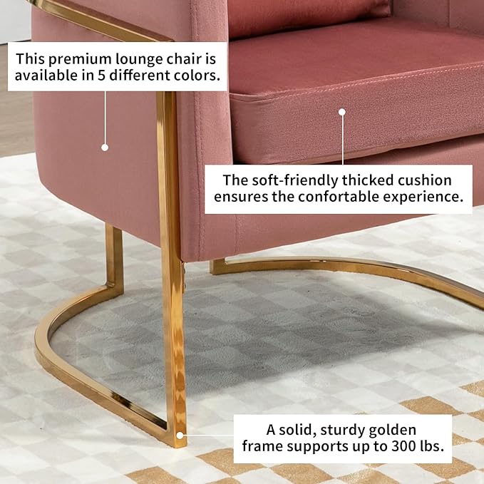 Velvet Modern Accent Chairs Set of 2, Upholstered Barrel Armchair Mid Century with Pillow for Living Room, Comfy Single Vanity Chair with Metal Gold Legs for Bedroom, Pink