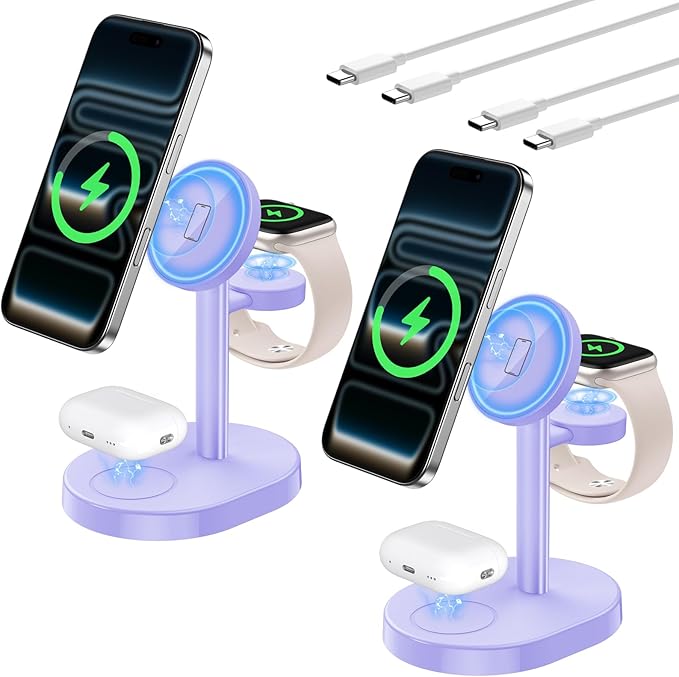 2026 3 in 1 Wireless Charging Station for Apple MagSafe Charger, 15W Fast Magnetic Mag-Safe Charger Stand for iPhone 17 16 15 14 13 12 Watch AirPods, 2 Pack(Adaptor Not Included)