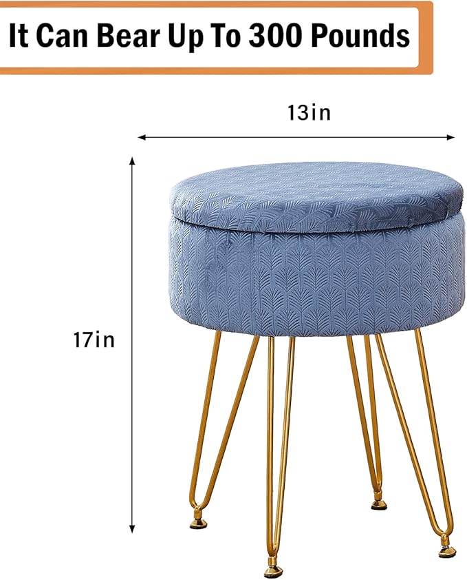 Cpintltr Foot Stool Velvet Storage Ottoman with Removable Lid Round Sofa Stools Foot Rest with Padded Seat Modern Style Makeup Stool Decorative Furniture Suitable for Lounge Dorm Room Bluish Grey