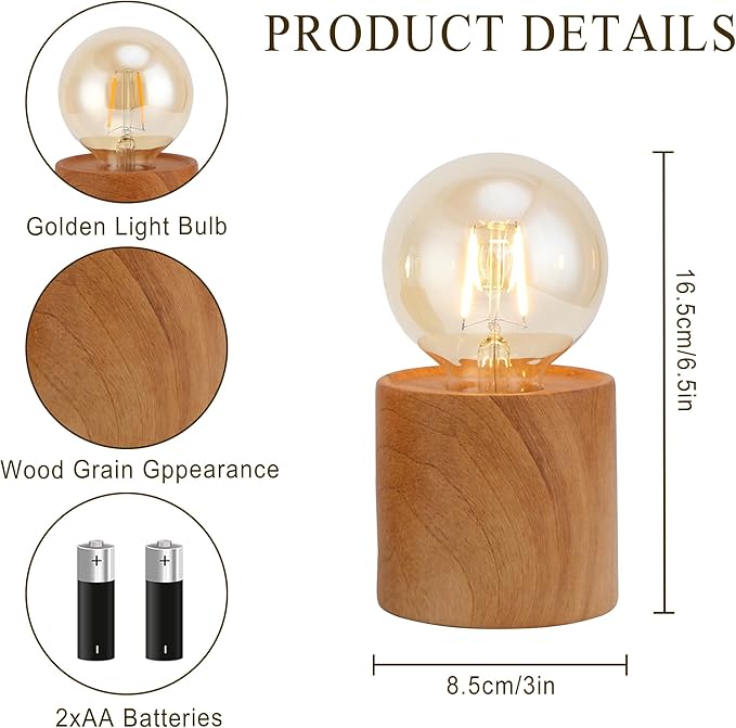 JHY DESIGN Set of 2 Wood Grain Table Lamp 6.5" Tall Cordless Lamp Light with Edison Style Bulb and 6 Hours Timer Battery Operated Lamp Great for Living Room Weddings Parties Patio Indoors Outdoors