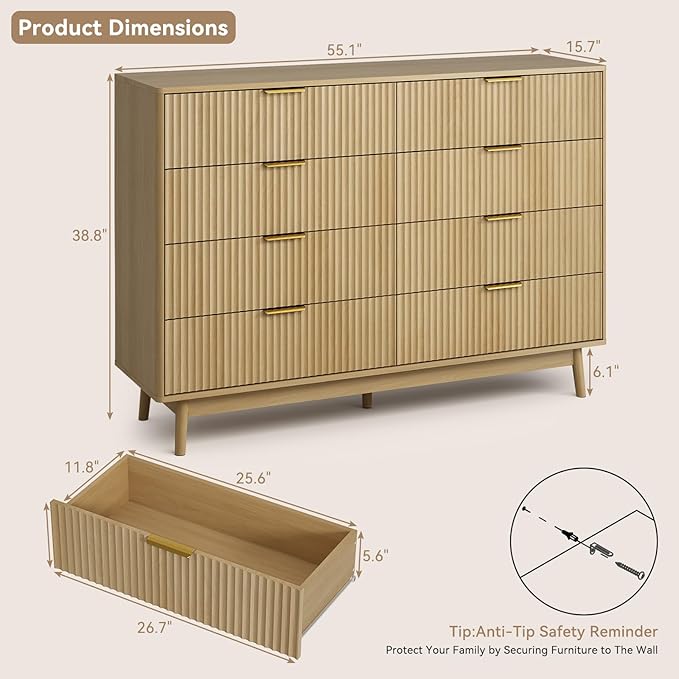 CARPETNAL Fluted 8 Drawer Dresser for Bedroom, 55" Wide Wooden Chest of Drawers with Rounded Corners, Gold Handles, Modern Storage Organizer for Bedroom, Hallway(Oak)
